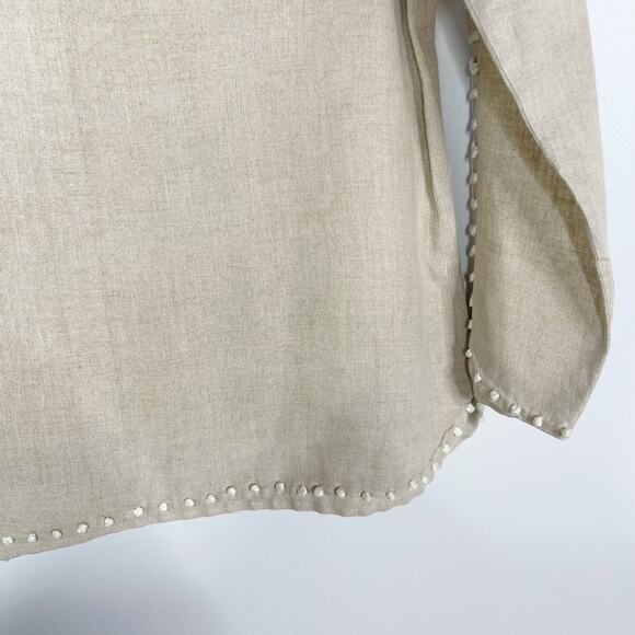 J Crew Womens Size 2 Cream White Embroidered Linen Top with Pom Poms Crew Neck - Picture 8 of 12